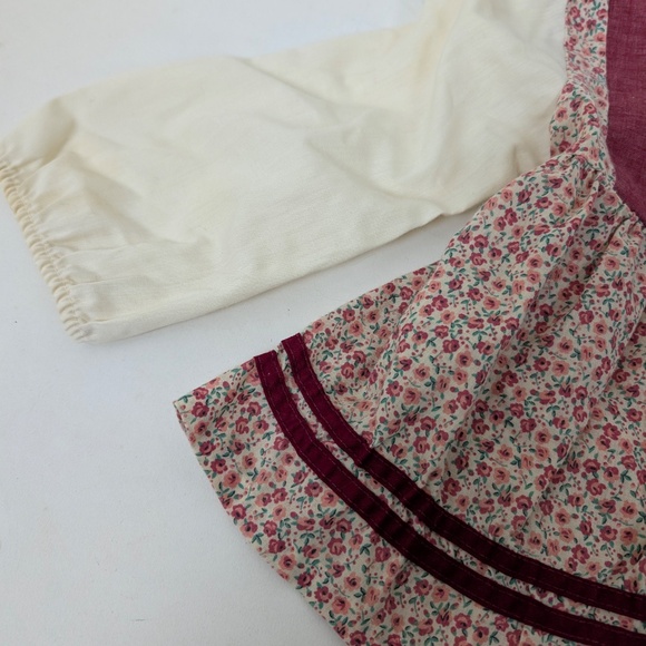 70s Floral Apron Blouse Red Trim Long Sleeve Front Tie Bow Peasant Milkmaid - Picture 3 of 8